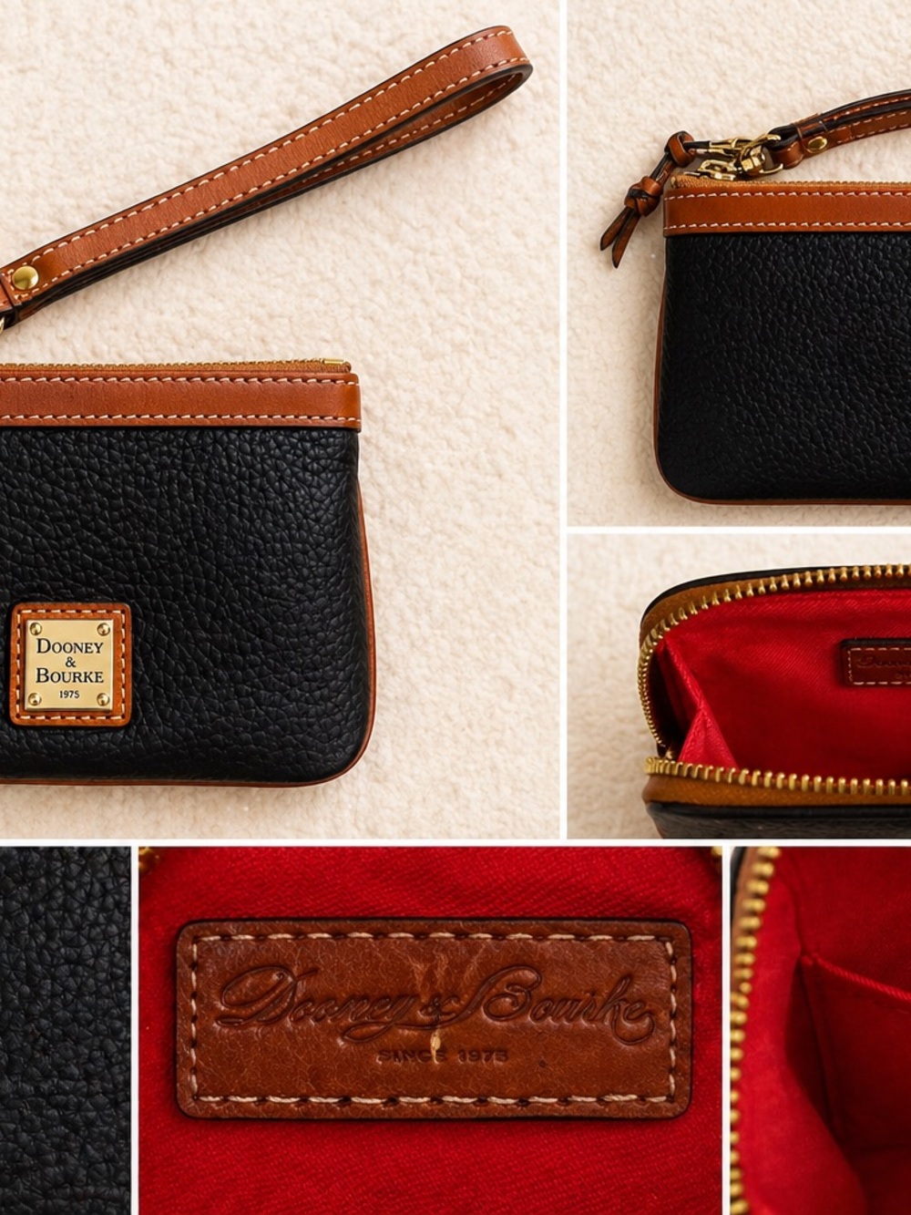 Dooney & Bourke Black Pebbled Leather Wristlet with Brown Trim and Gold Accent